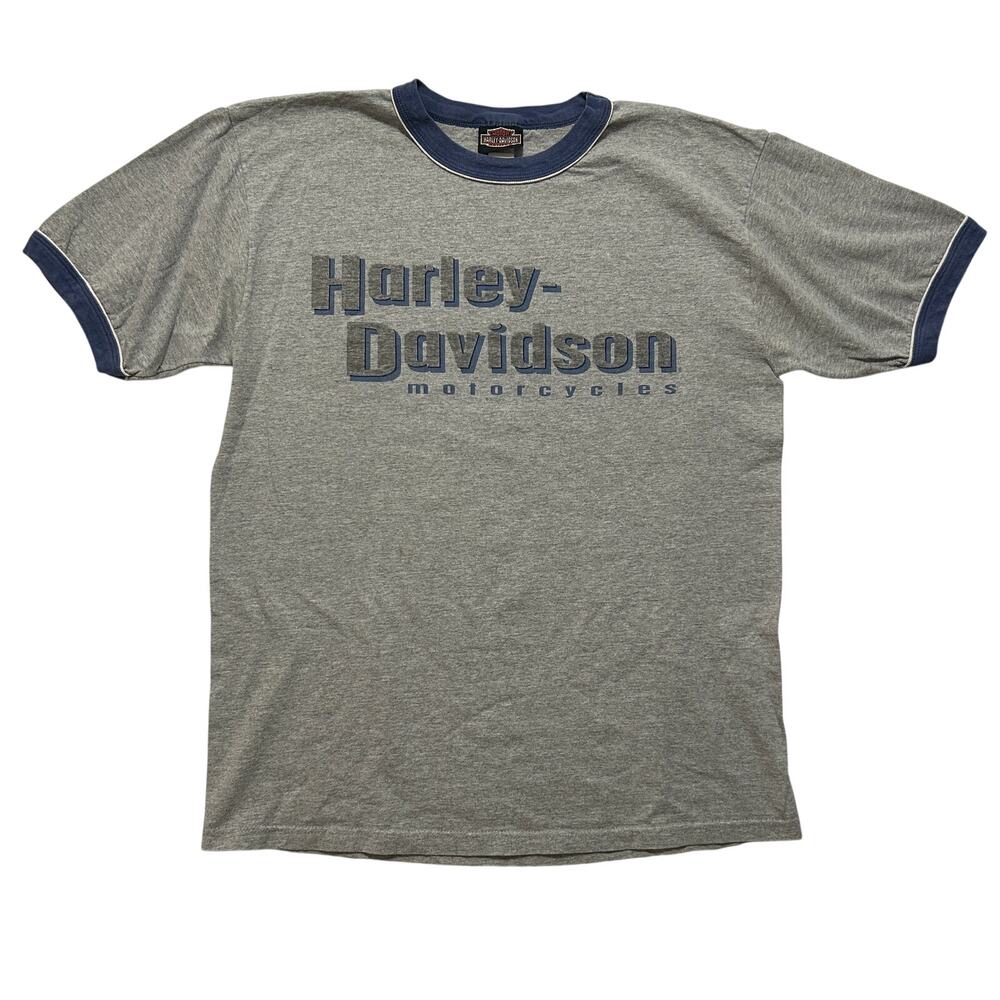 VTG 90s Harley Davidson Graphic Ringer T-Shirt Men's L Gray